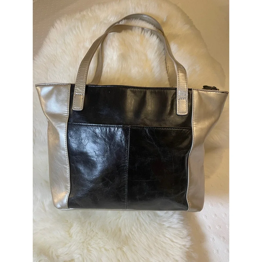 Aurielle‎ Genuine Leather Tote Bag Black Silver Metallic Large Shoulder Handbag